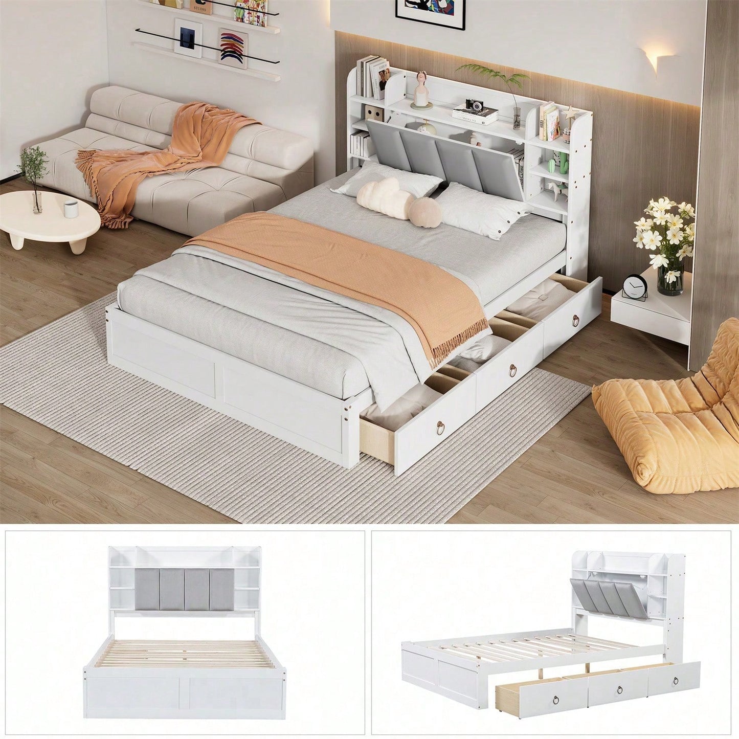 Doppelbett, Offenes Regal, Drei Schubladen mit Rollen, Griffe aus Metall, Ablagefach mit herunterklappbarer Tür, Rahmen aus Kiefer, Heranwachsende und Erwachsene, Kiefer+MDF, Weiß+Grey, 140x200CM