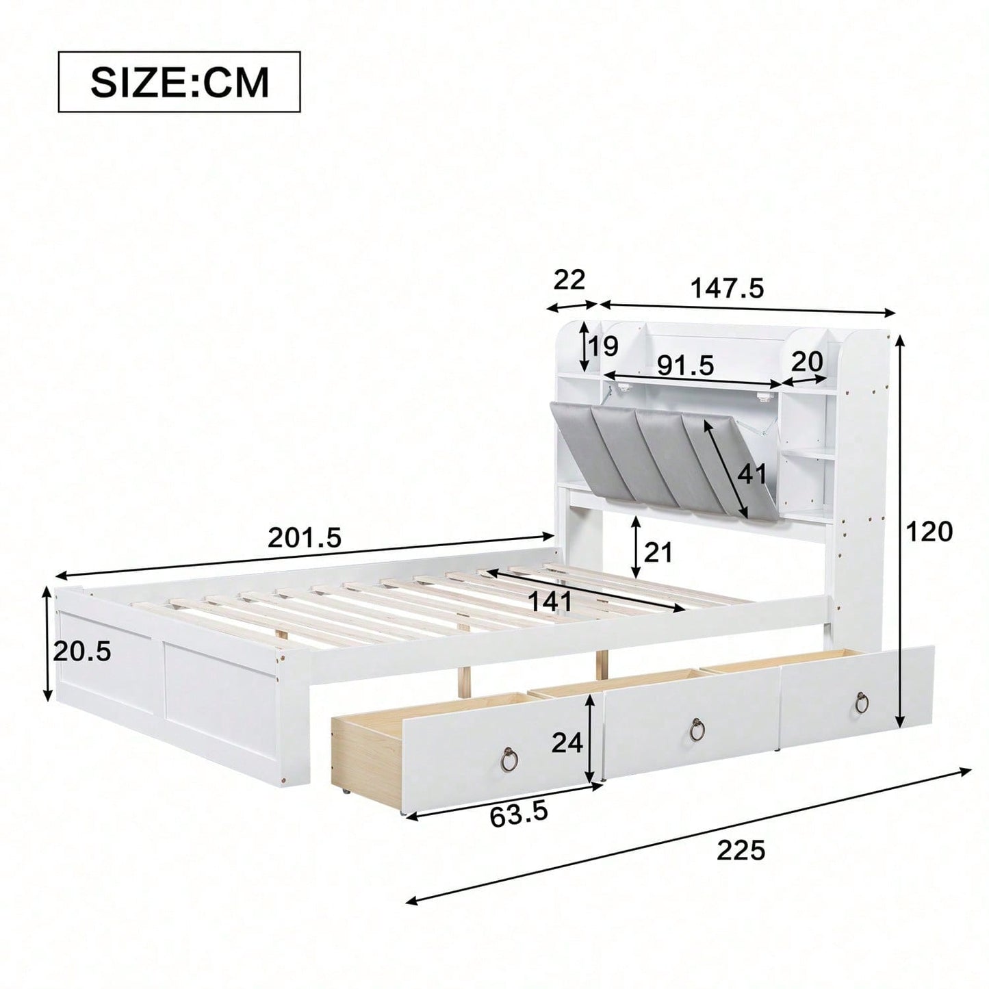 Doppelbett, Offenes Regal, Drei Schubladen mit Rollen, Griffe aus Metall, Ablagefach mit herunterklappbarer Tür, Rahmen aus Kiefer, Heranwachsende und Erwachsene, Kiefer+MDF, Weiß+Grey, 140x200CM