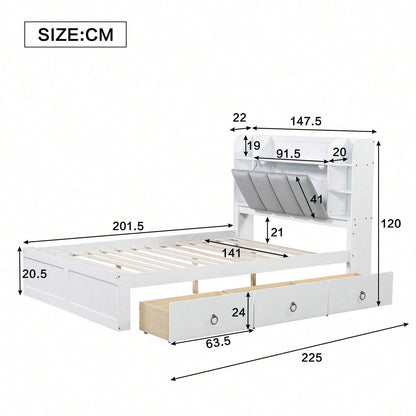 Doppelbett, Offenes Regal, Drei Schubladen mit Rollen, Griffe aus Metall, Ablagefach mit herunterklappbarer Tür, Rahmen aus Kiefer, Heranwachsende und Erwachsene, Kiefer+MDF, Weiß+Grey, 140x200CM