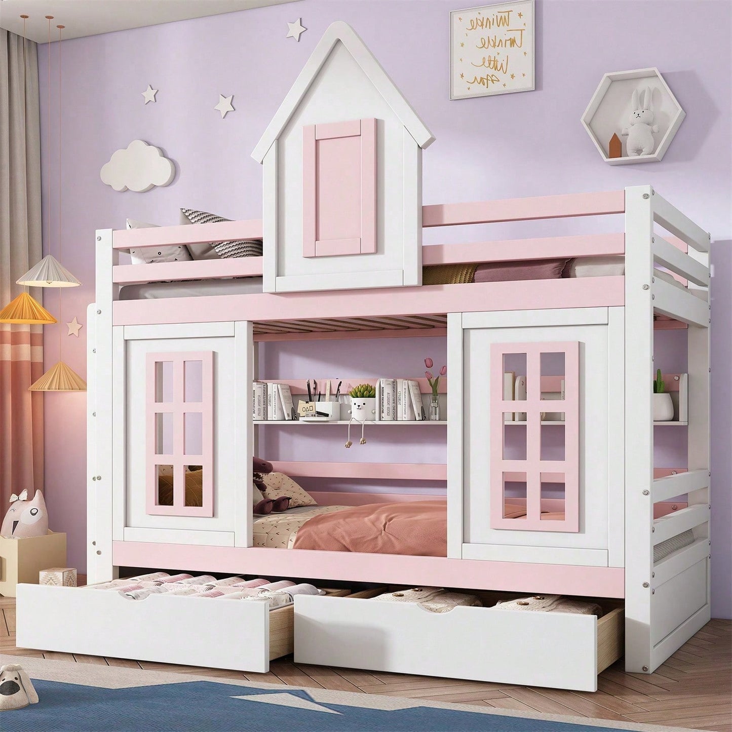 Etagenbett, Prinzessinnenbett, Kinderbett, Kinderbett mit Dach und Fenster, mit Fallschutzgitter, stabiles Geländer, Zwei Schubladen mit Rollen, Offenes Regal, Reichlich Stauraum, Kiefer+MDF,Weiß+Rose