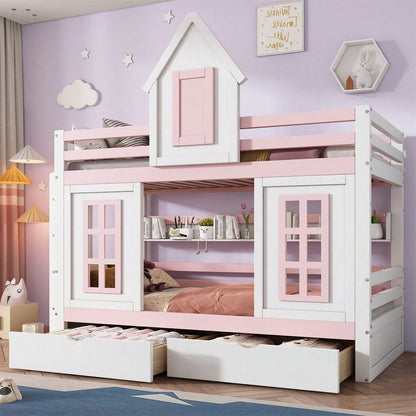 Etagenbett, Prinzessinnenbett, Kinderbett, Kinderbett mit Dach und Fenster, mit Fallschutzgitter, stabiles Geländer, Zwei Schubladen mit Rollen, Offenes Regal, Reichlich Stauraum, Kiefer+MDF,Weiß+Rose