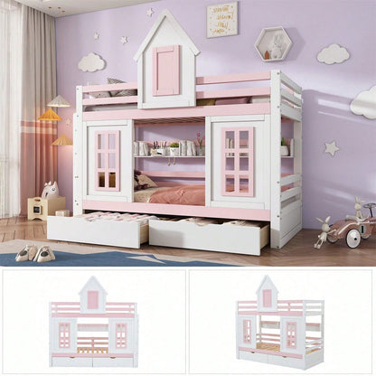 Etagenbett, Prinzessinnenbett, Kinderbett, Kinderbett mit Dach und Fenster, mit Fallschutzgitter, stabiles Geländer, Zwei Schubladen mit Rollen, Offenes Regal, Reichlich Stauraum, Kiefer+MDF,Weiß+Rose