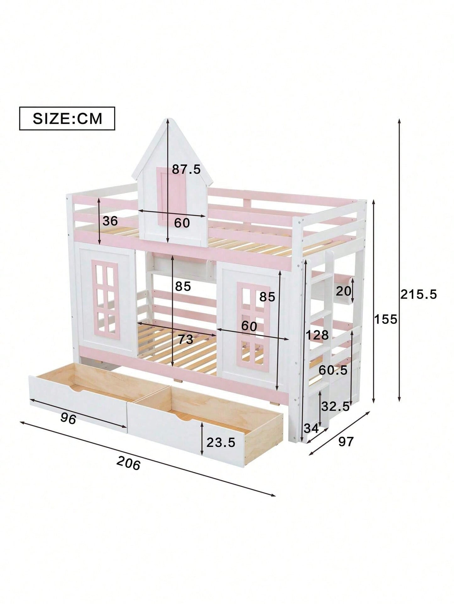 Etagenbett, Prinzessinnenbett, Kinderbett, Kinderbett mit Dach und Fenster, mit Fallschutzgitter, stabiles Geländer, Zwei Schubladen mit Rollen, Offenes Regal, Reichlich Stauraum, Kiefer+MDF,Weiß+Rose