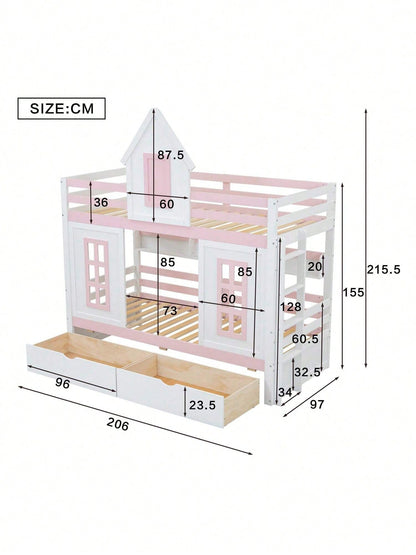 Etagenbett, Prinzessinnenbett, Kinderbett, Kinderbett mit Dach und Fenster, mit Fallschutzgitter, stabiles Geländer, Zwei Schubladen mit Rollen, Offenes Regal, Reichlich Stauraum, Kiefer+MDF,Weiß+Rose