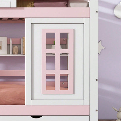 Etagenbett, Prinzessinnenbett, Kinderbett, Kinderbett mit Dach und Fenster, mit Fallschutzgitter, stabiles Geländer, Zwei Schubladen mit Rollen, Offenes Regal, Reichlich Stauraum, Kiefer+MDF,Weiß+Rose