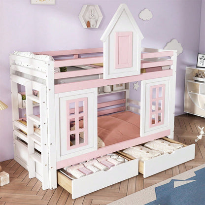 Etagenbett, Prinzessinnenbett, Kinderbett, Kinderbett mit Dach und Fenster, mit Fallschutzgitter, stabiles Geländer, Zwei Schubladen mit Rollen, Offenes Regal, Reichlich Stauraum, Kiefer+MDF,Weiß+Rose