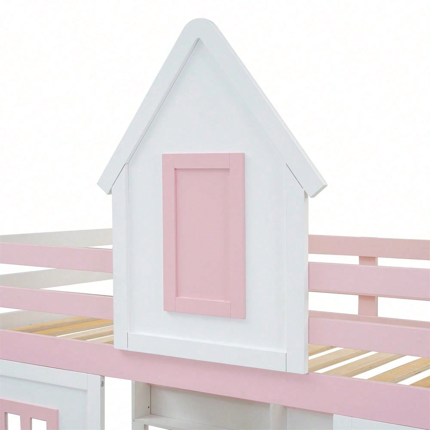 Etagenbett, Prinzessinnenbett, Kinderbett, Kinderbett mit Dach und Fenster, mit Fallschutzgitter, stabiles Geländer, Zwei Schubladen mit Rollen, Offenes Regal, Reichlich Stauraum, Kiefer+MDF,Weiß+Rose
