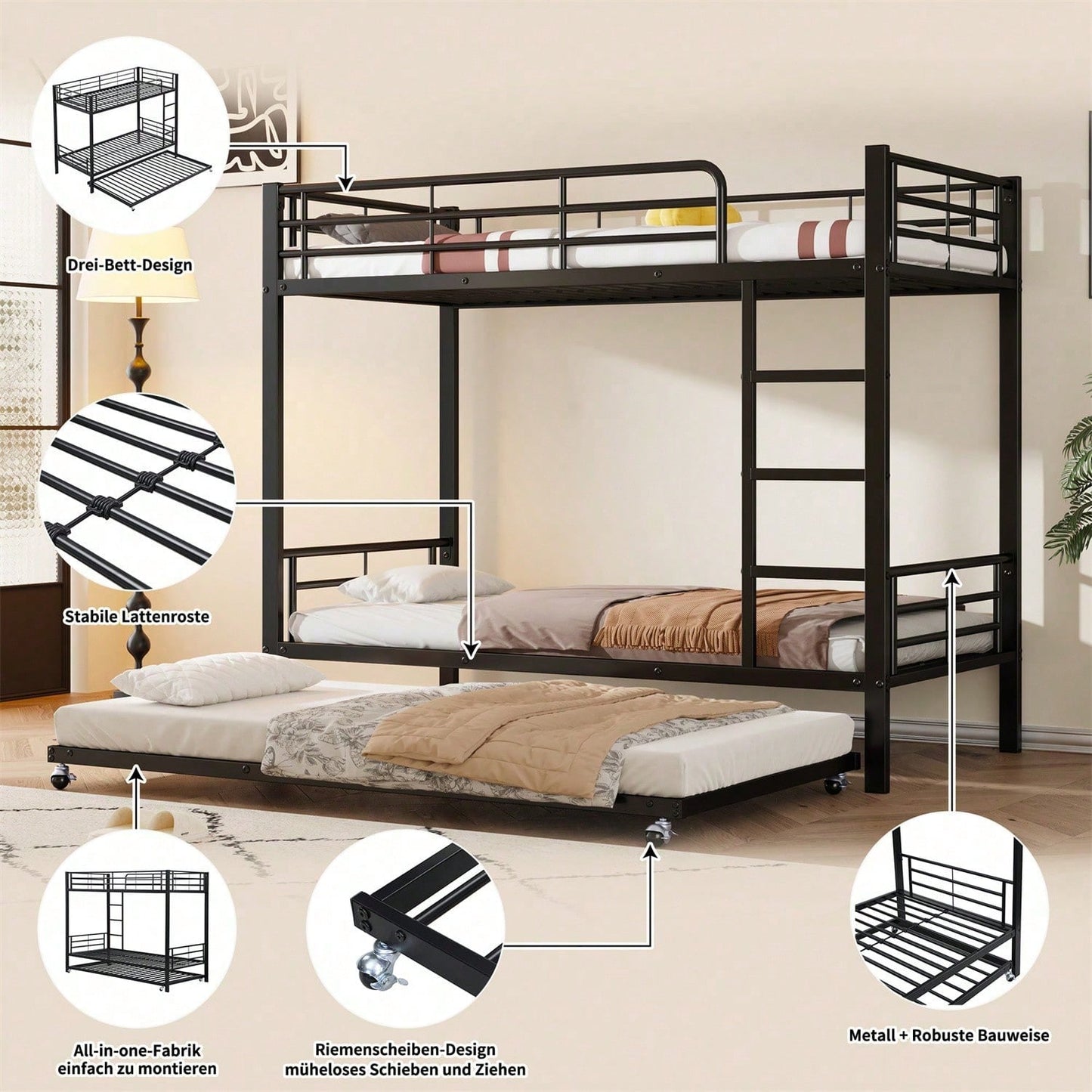 Eisenbett, Etagenbett, Geeignet für Kinder und Jugendliche, mit Ausziehbett, vier Seitengitter am oberen Bett, Eisen, Schwarz, 90x200cm&90x190cm