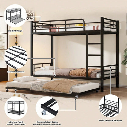 Eisenbett, Etagenbett, Geeignet für Kinder und Jugendliche, mit Ausziehbett, vier Seitengitter am oberen Bett, Eisen, Schwarz, 90x200cm&90x190cm