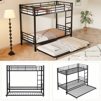 Eisenbett, Etagenbett, Geeignet für Kinder und Jugendliche, mit Ausziehbett, vier Seitengitter am oberen Bett, Eisen, Schwarz, 90x200cm&90x190cm