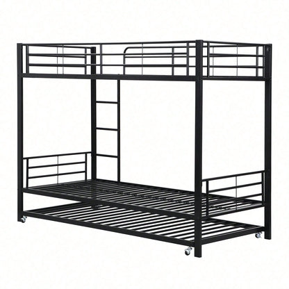 Eisenbett, Etagenbett, Geeignet für Kinder und Jugendliche, mit Ausziehbett, vier Seitengitter am oberen Bett, Eisen, Schwarz, 90x200cm&90x190cm