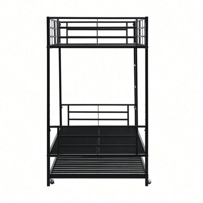 Eisenbett, Etagenbett, Geeignet für Kinder und Jugendliche, mit Ausziehbett, vier Seitengitter am oberen Bett, Eisen, Schwarz, 90x200cm&90x190cm
