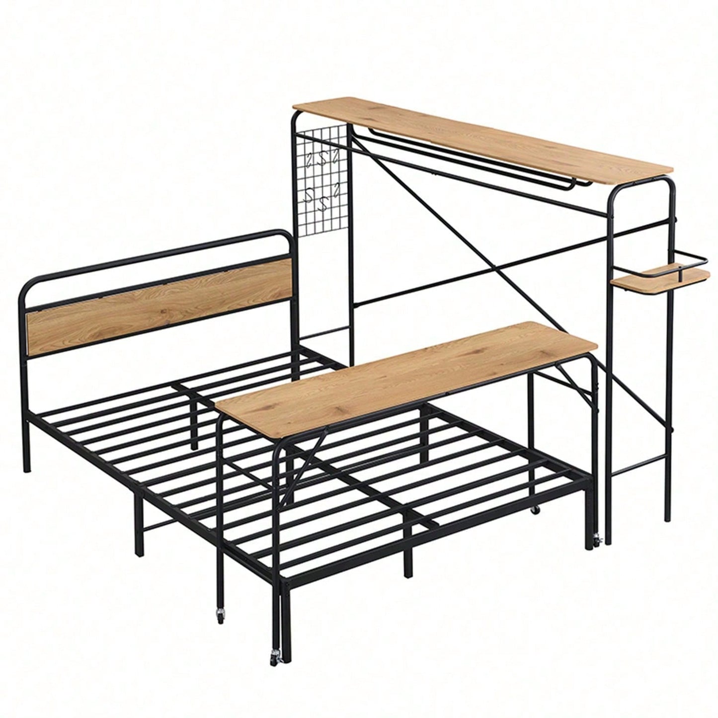 Metallbett, Flachbetten + Tisch + Vertikaler Garderobenständer, Tisch mit Rädern, Kompletter Satz Schlafzimmermöbel, Heranwachsende und Erwachsene, Metallrahmen, Metall+MDF, Schwarz + Natur, 140x200