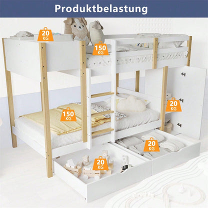 Etagenbett, Kinderbett, mit dreistufiger Leiter, 2 Schließfächer, Zwei Schubladen mit Rollen, Kiefer+MDF, Weiß+Natur, 90x200cm