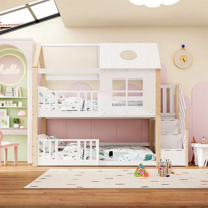 Etagenbett mit Aufbewahrungstreppe, Hausbett, Kinderbett, mit Fallschutzgitter, mit Fenster und Dach, Kiefer+MDF, Weiß+Natur, 90x200cm