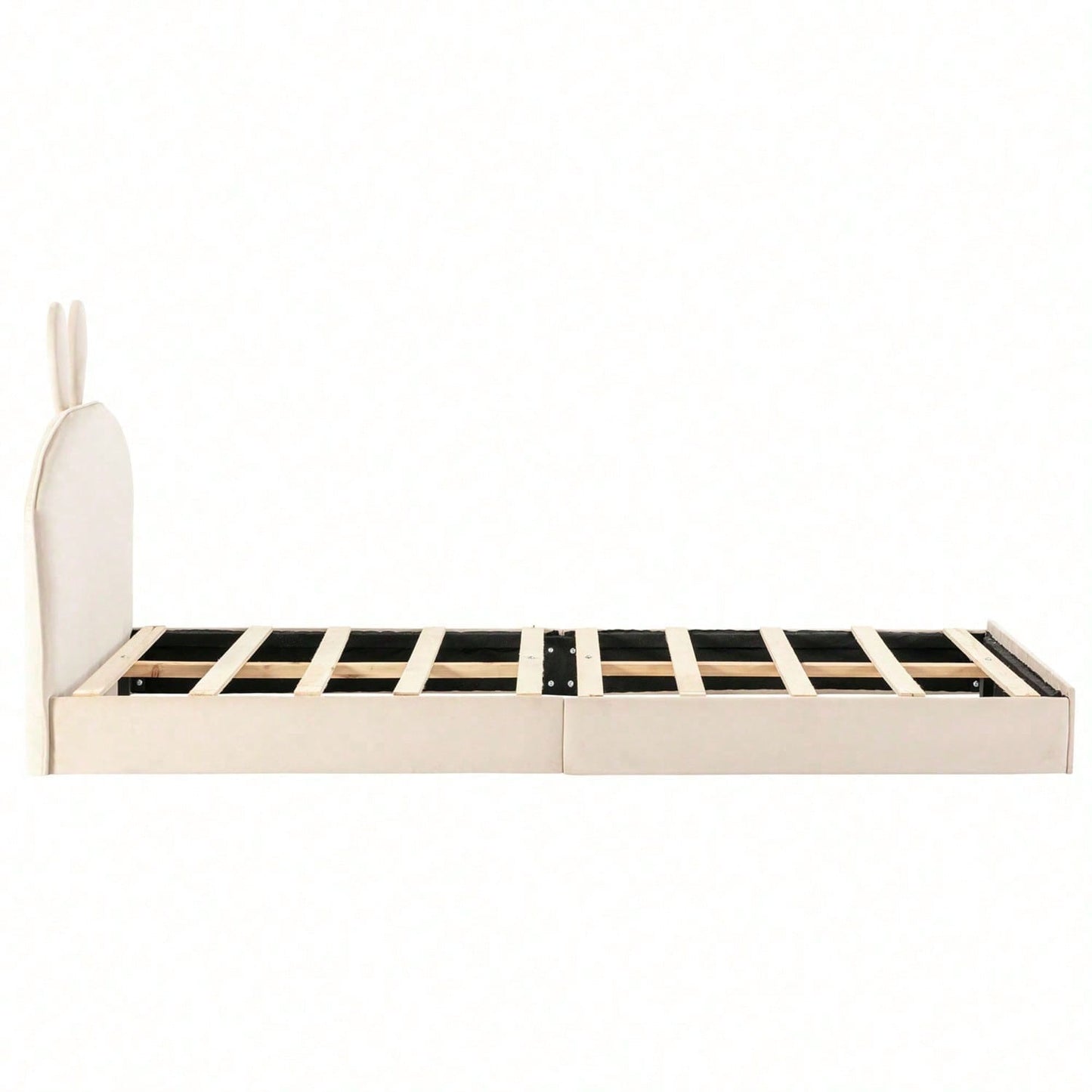 Kaninchen Kopfteil Polsterbett, Kinderbett mit Holzlatten, Einzelbett, Samt, Beige, 90x200cm