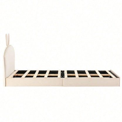 Kaninchen Kopfteil Polsterbett, Kinderbett mit Holzlatten, Einzelbett, Samt, Beige, 90x200cm