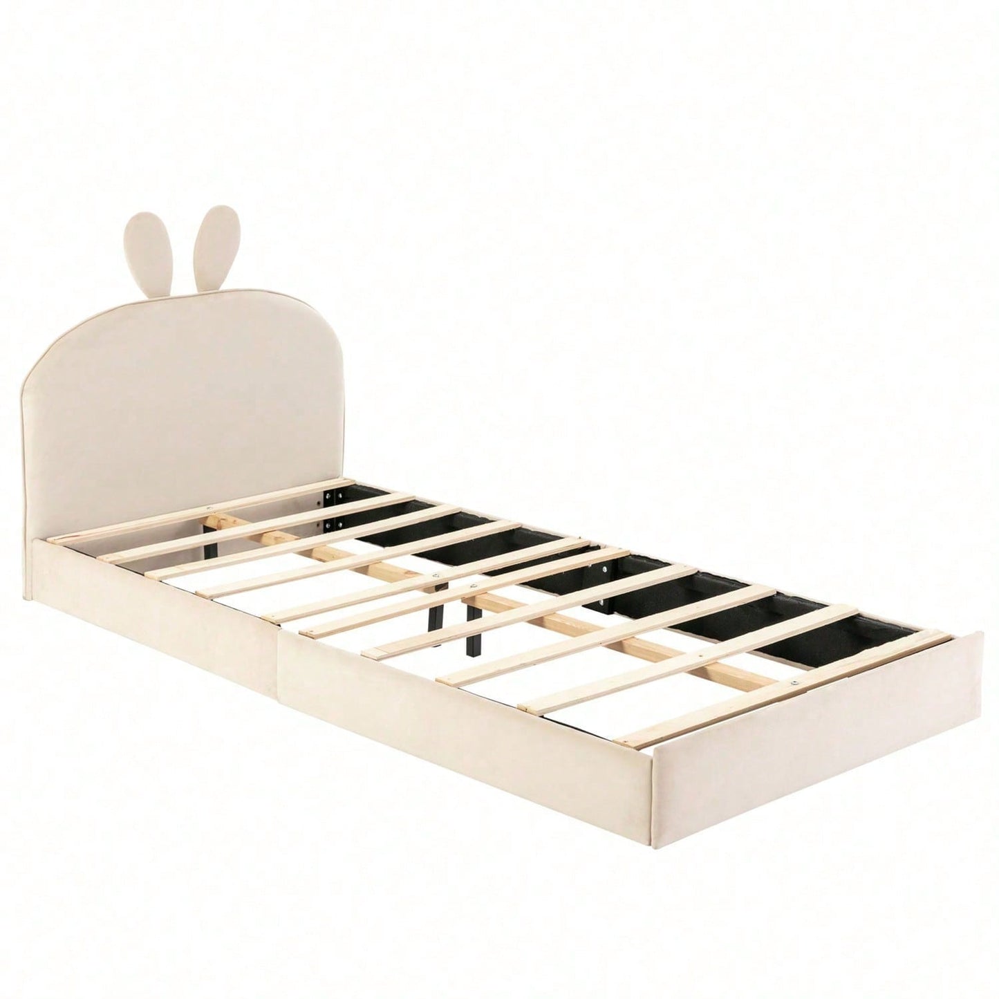 Kaninchen Kopfteil Polsterbett, Kinderbett mit Holzlatten, Einzelbett, Samt, Beige, 90x200cm