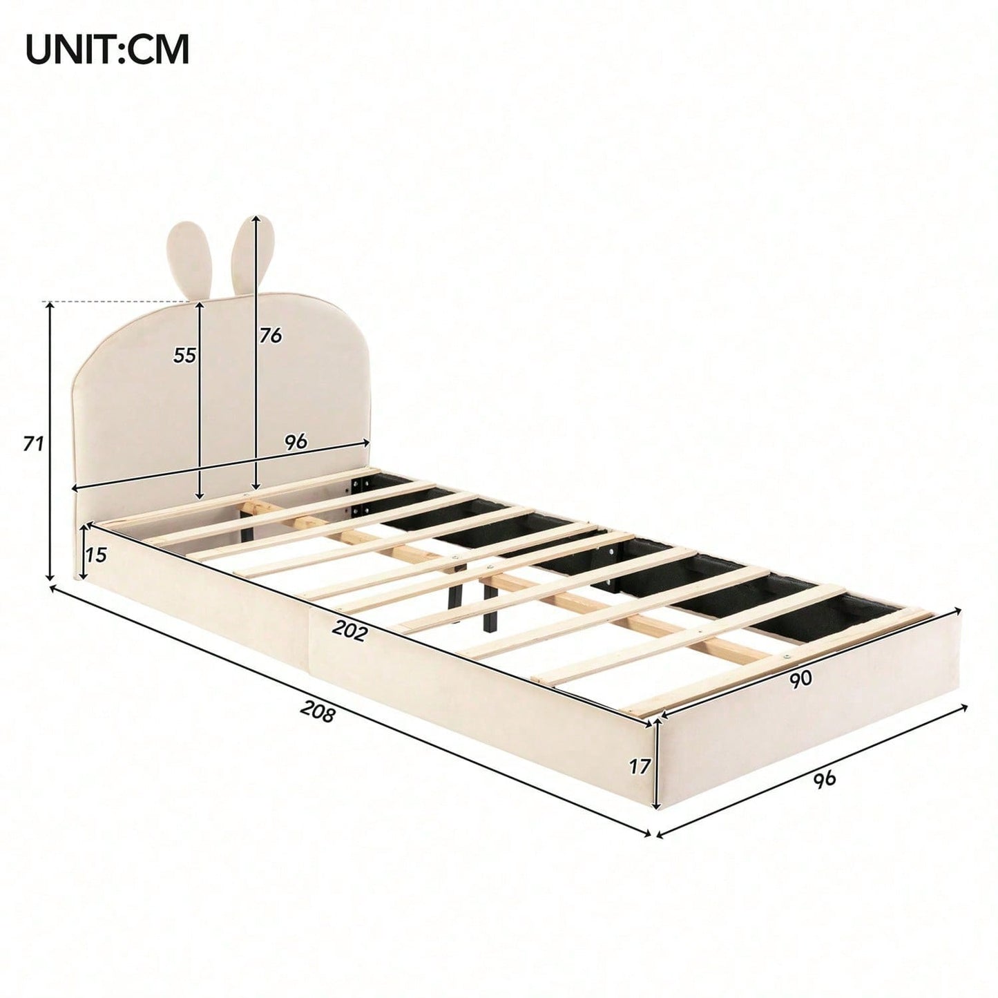 Kaninchen Kopfteil Polsterbett, Kinderbett mit Holzlatten, Einzelbett, Samt, Beige, 90x200cm