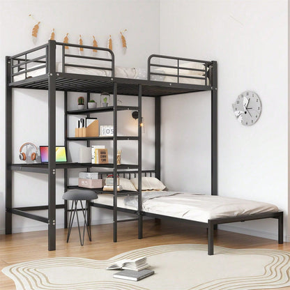 Eisenrahmenbett, Etagenbett mit Tisch und Regalen, Geeignet für Kinder und Jugendliche, mit fünfstufige rechtwinklige Leiter, vier Seitengitter am oberen Bett, Eisen + MDF, Schwarz, 90x200cm