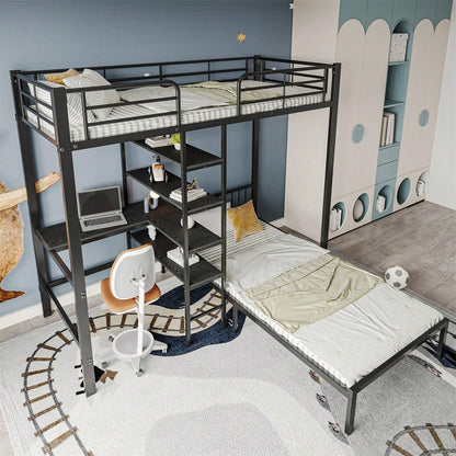 Eisenrahmenbett, Etagenbett mit Tisch und Regalen, Geeignet für Kinder und Jugendliche, mit fünfstufige rechtwinklige Leiter, vier Seitengitter am oberen Bett, Eisen + MDF, Schwarz, 90x200cm