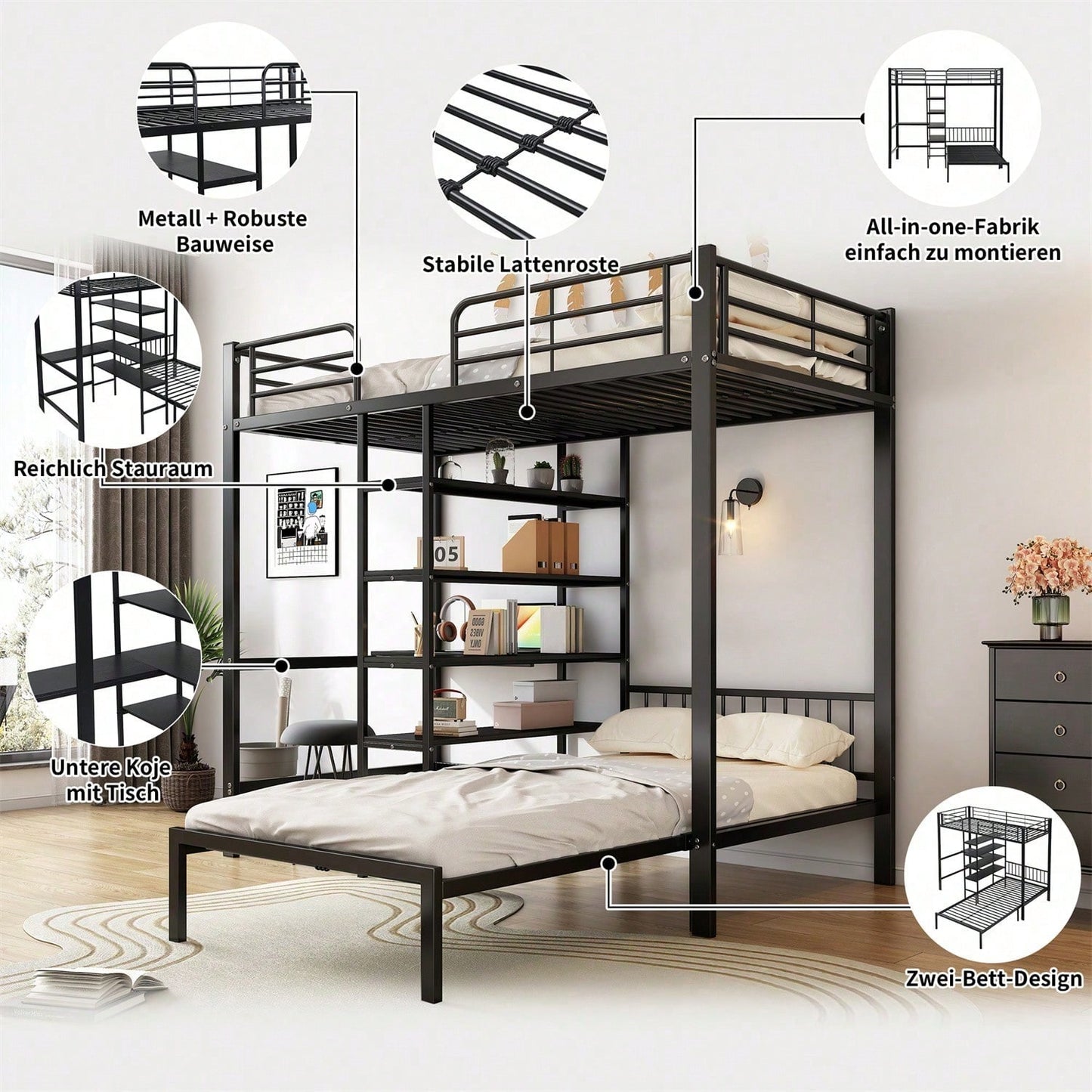Eisenrahmenbett, Etagenbett mit Tisch und Regalen, Geeignet für Kinder und Jugendliche, mit fünfstufige rechtwinklige Leiter, vier Seitengitter am oberen Bett, Eisen + MDF, Schwarz, 90x200cm