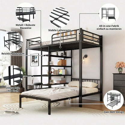 Eisenrahmenbett, Etagenbett mit Tisch und Regalen, Geeignet für Kinder und Jugendliche, mit fünfstufige rechtwinklige Leiter, vier Seitengitter am oberen Bett, Eisen + MDF, Schwarz, 90x200cm
