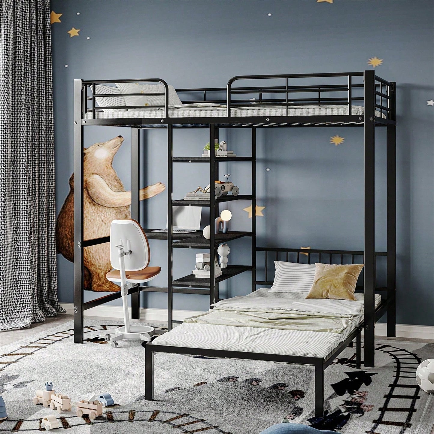 Eisenrahmenbett, Etagenbett mit Tisch und Regalen, Geeignet für Kinder und Jugendliche, mit fünfstufige rechtwinklige Leiter, vier Seitengitter am oberen Bett, Eisen + MDF, Schwarz, 90x200cm