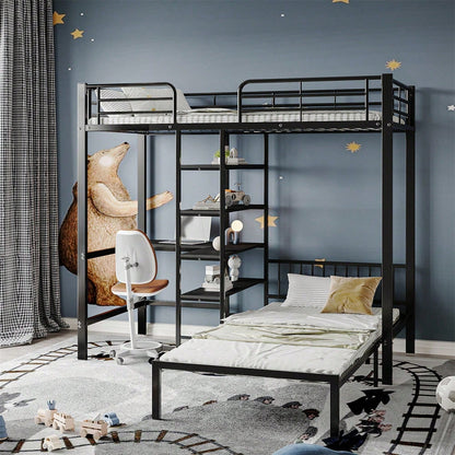 Eisenrahmenbett, Etagenbett mit Tisch und Regalen, Geeignet für Kinder und Jugendliche, mit fünfstufige rechtwinklige Leiter, vier Seitengitter am oberen Bett, Eisen + MDF, Schwarz, 90x200cm