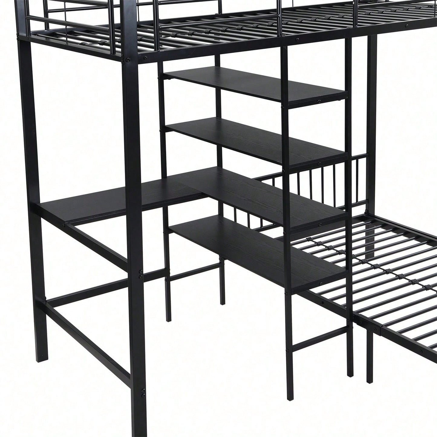 Eisenrahmenbett, Etagenbett mit Tisch und Regalen, Geeignet für Kinder und Jugendliche, mit fünfstufige rechtwinklige Leiter, vier Seitengitter am oberen Bett, Eisen + MDF, Schwarz, 90x200cm