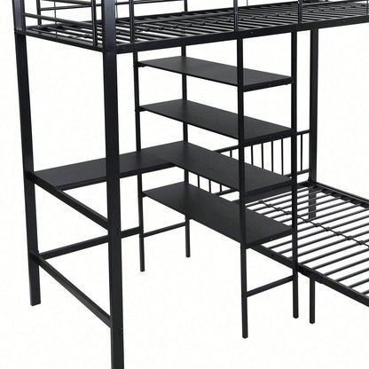 Eisenrahmenbett, Etagenbett mit Tisch und Regalen, Geeignet für Kinder und Jugendliche, mit fünfstufige rechtwinklige Leiter, vier Seitengitter am oberen Bett, Eisen + MDF, Schwarz, 90x200cm