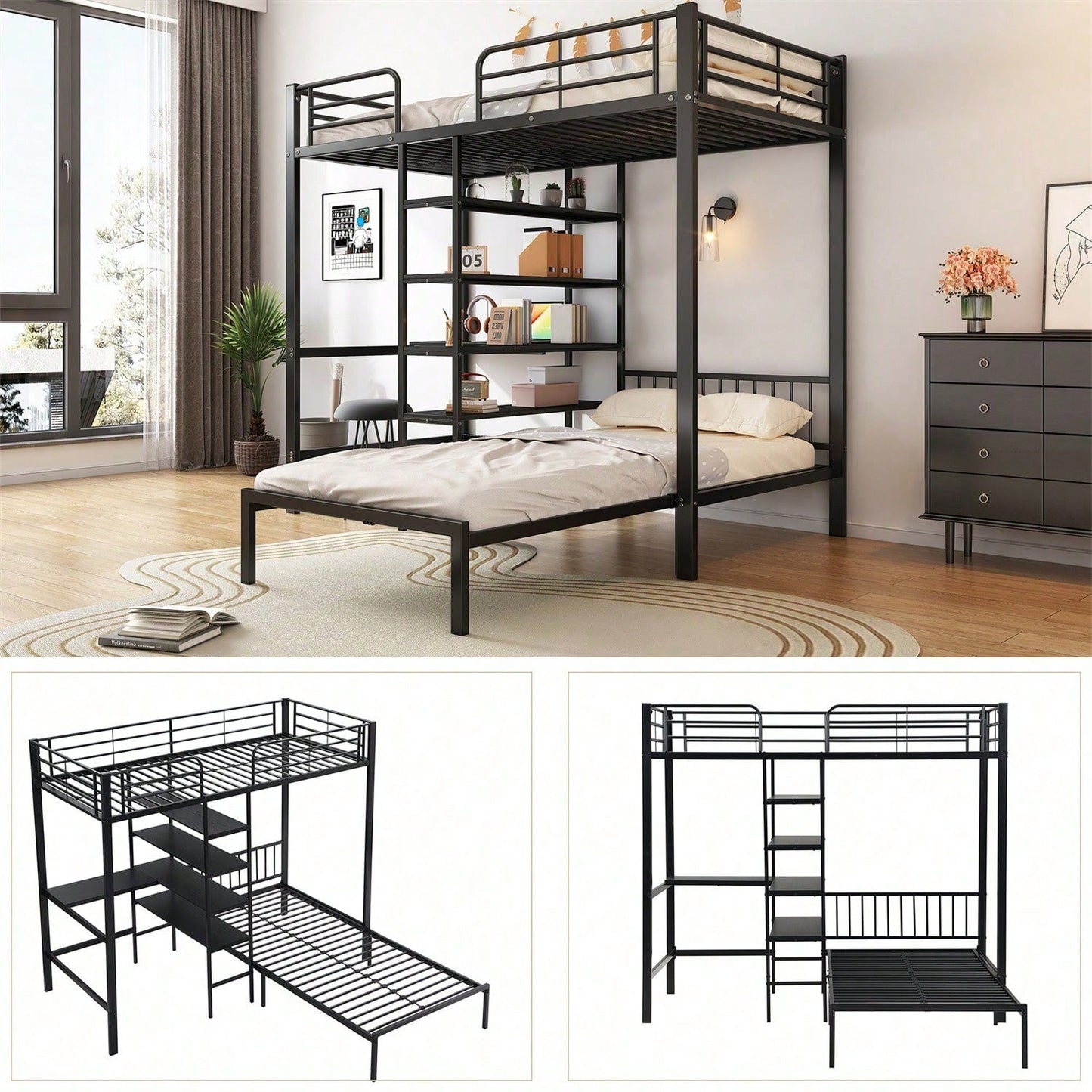 Eisenrahmenbett, Etagenbett mit Tisch und Regalen, Geeignet für Kinder und Jugendliche, mit fünfstufige rechtwinklige Leiter, vier Seitengitter am oberen Bett, Eisen + MDF, Schwarz, 90x200cm