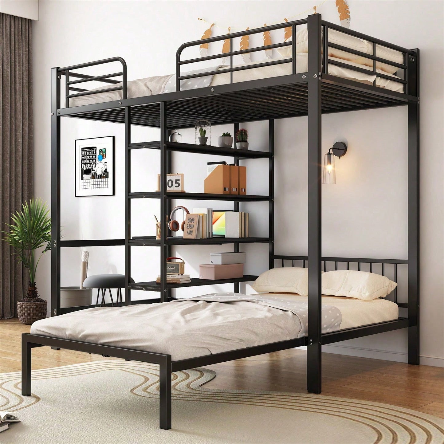 Eisenrahmenbett, Etagenbett mit Tisch und Regalen, Geeignet für Kinder und Jugendliche, mit fünfstufige rechtwinklige Leiter, vier Seitengitter am oberen Bett, Eisen + MDF, Schwarz, 90x200cm