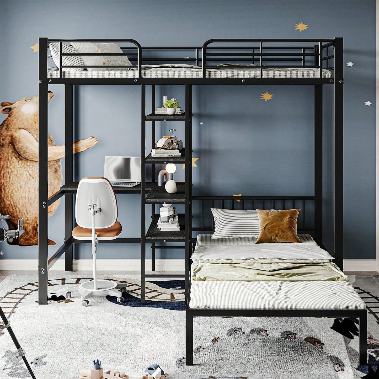Eisenrahmenbett, Etagenbett mit Tisch und Regalen, Geeignet für Kinder und Jugendliche, mit fünfstufige rechtwinklige Leiter, vier Seitengitter am oberen Bett, Eisen + MDF, Schwarz, 90x200cm