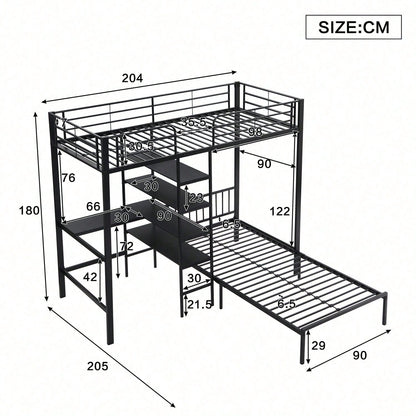 Eisenrahmenbett, Etagenbett mit Tisch und Regalen, Geeignet für Kinder und Jugendliche, mit fünfstufige rechtwinklige Leiter, vier Seitengitter am oberen Bett, Eisen + MDF, Schwarz, 90x200cm