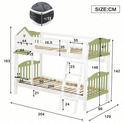 Etagenbett, Kinderbett mit Fallschutz und Gitter, Mit Dach und Fenster, Offenes Regal, Exquisiter Massivholzzaun, Mit vierstufiger Leiter, Massivholzrahmen, Kiefer+MDF, Weiß+Grün, 90x200cm