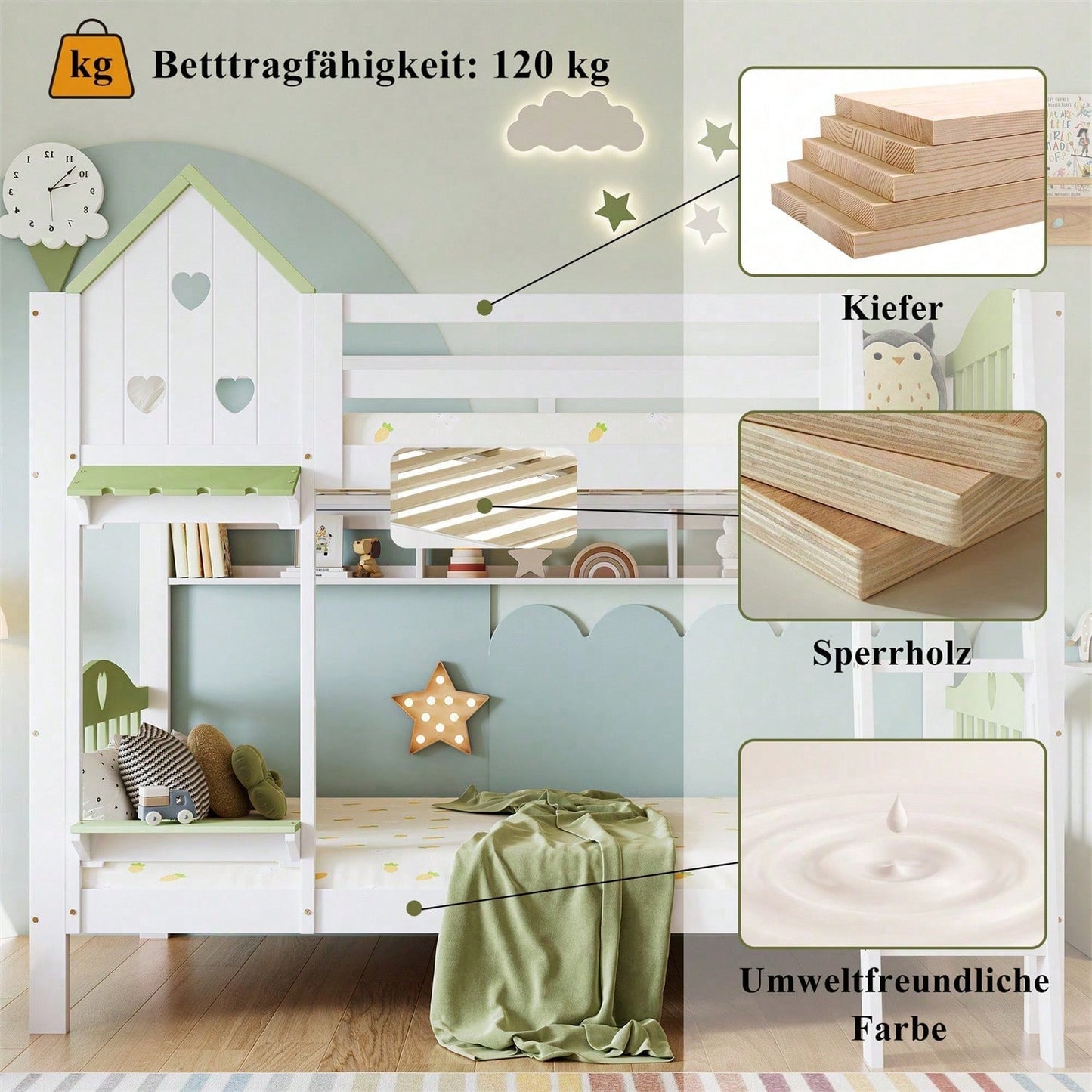 Etagenbett, Kinderbett mit Fallschutz und Gitter, Mit Dach und Fenster, Offenes Regal, Exquisiter Massivholzzaun, Mit vierstufiger Leiter, Massivholzrahmen, Kiefer+MDF, Weiß+Grün, 90x200cm