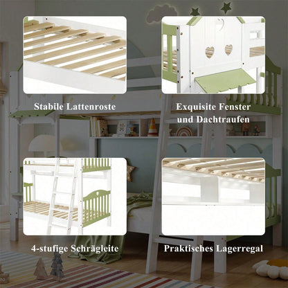 Etagenbett, Kinderbett mit Fallschutz und Gitter, Mit Dach und Fenster, Offenes Regal, Exquisiter Massivholzzaun, Mit vierstufiger Leiter, Massivholzrahmen, Kiefer+MDF, Weiß+Grün, 90x200cm
