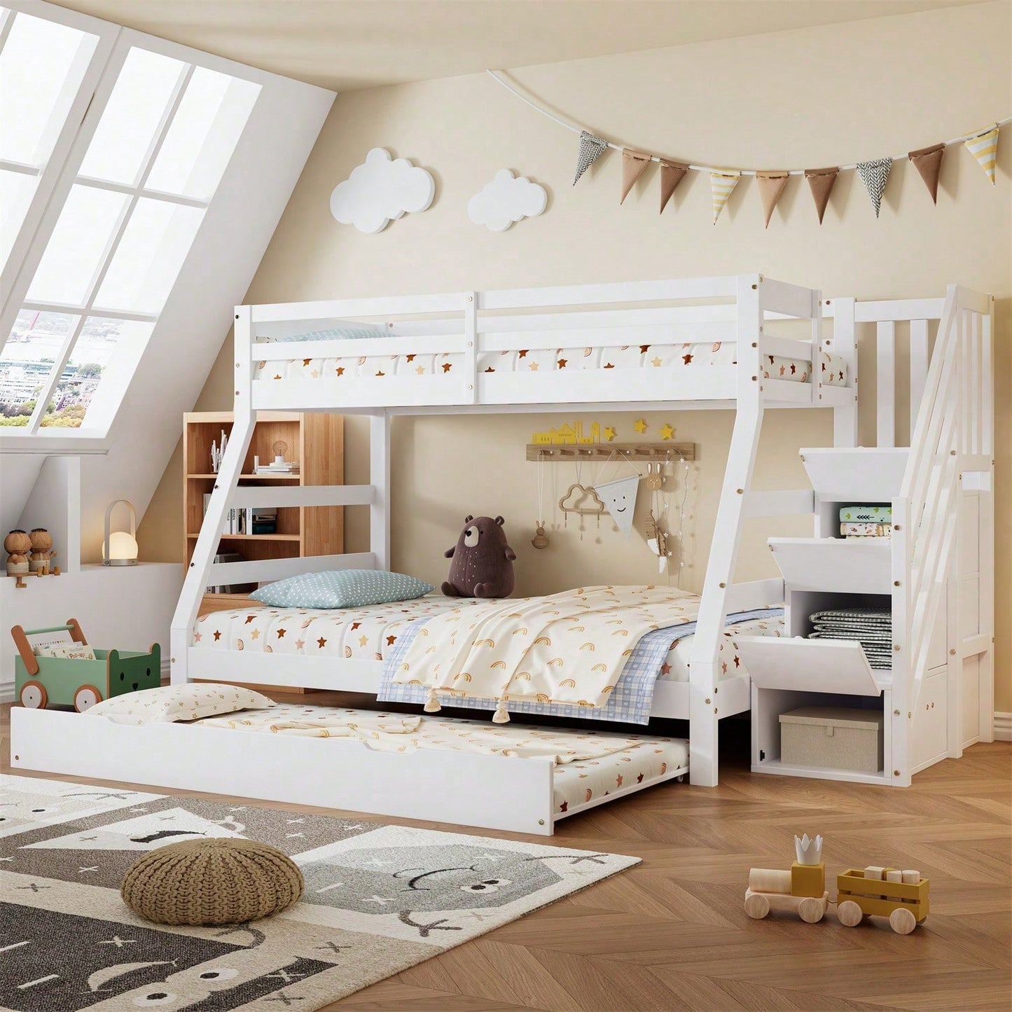 Etagenbett mit Rollbett, Kinderbett mit Leiterschrank und Handlauf, mit Fallschutzgitter an allen Seiten, Kiefer+MDF, Weiß, 90x190CM Rollbett, 90/120x200CM