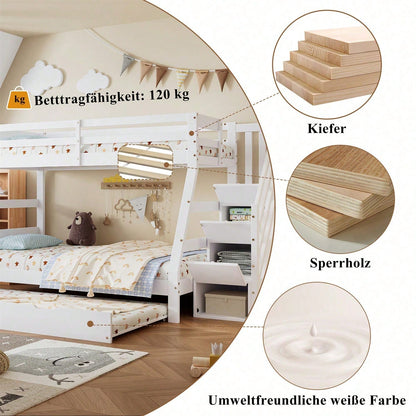 Etagenbett mit Rollbett, Kinderbett mit Leiterschrank und Handlauf, mit Fallschutzgitter an allen Seiten, Kiefer+MDF, Weiß, 90x190CM Rollbett, 90/120x200CM