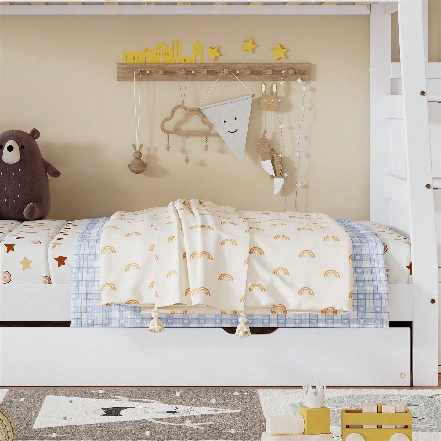 Etagenbett mit Rollbett, Kinderbett mit Leiterschrank und Handlauf, mit Fallschutzgitter an allen Seiten, Kiefer+MDF, Weiß, 90x190CM Rollbett, 90/120x200CM
