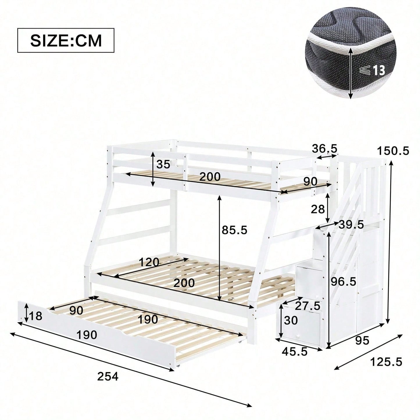 Etagenbett mit Rollbett, Kinderbett mit Leiterschrank und Handlauf, mit Fallschutzgitter an allen Seiten, Kiefer+MDF, Weiß, 90x190CM Rollbett, 90/120x200CM