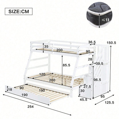 Etagenbett mit Rollbett, Kinderbett mit Leiterschrank und Handlauf, mit Fallschutzgitter an allen Seiten, Kiefer+MDF, Weiß, 90x190CM Rollbett, 90/120x200CM