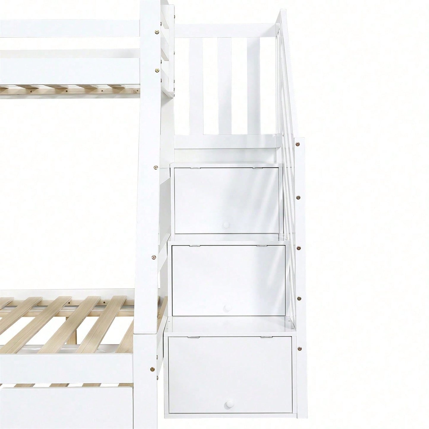 Etagenbett mit Rollbett, Kinderbett mit Leiterschrank und Handlauf, mit Fallschutzgitter an allen Seiten, Kiefer+MDF, Weiß, 90x190CM Rollbett, 90/120x200CM