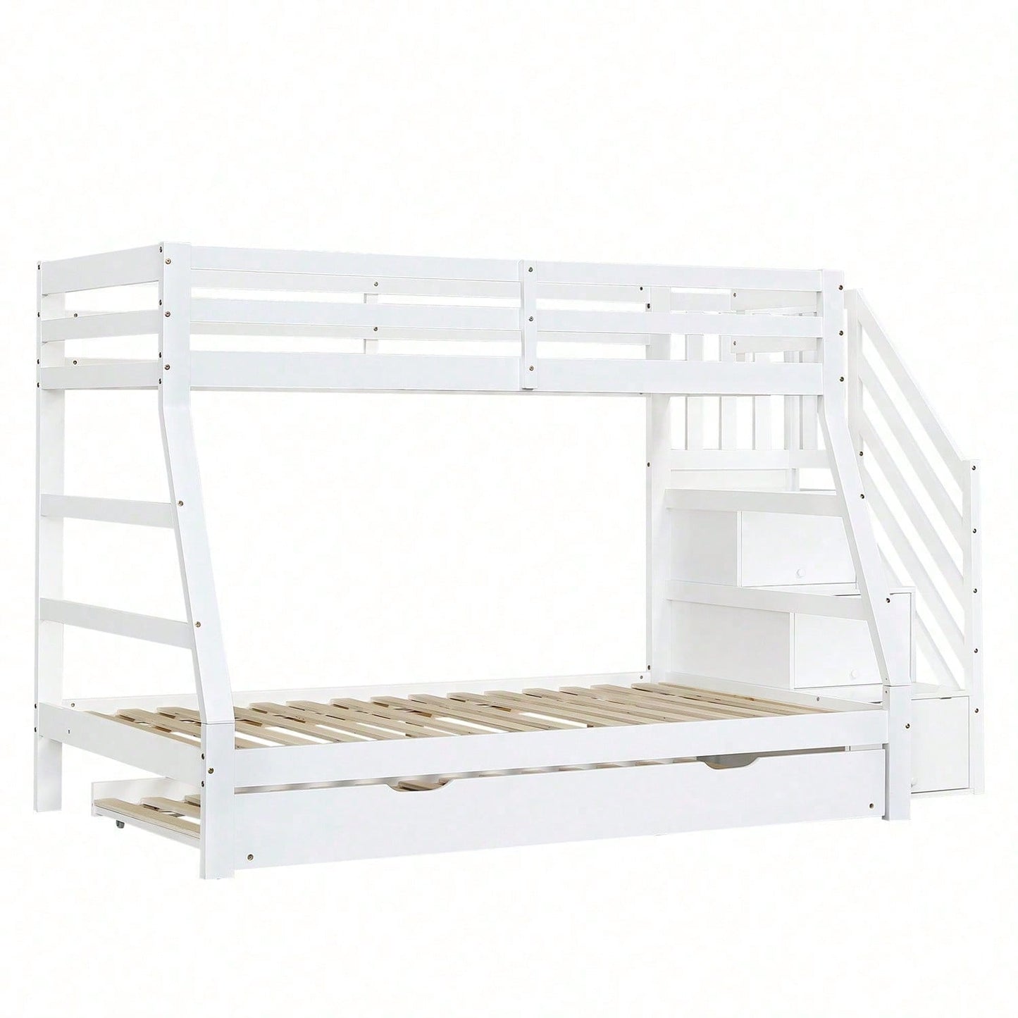 Etagenbett mit Rollbett, Kinderbett mit Leiterschrank und Handlauf, mit Fallschutzgitter an allen Seiten, Kiefer+MDF, Weiß, 90x190CM Rollbett, 90/120x200CM