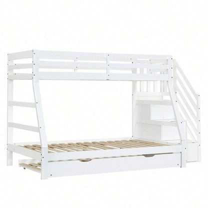 Etagenbett mit Rollbett, Kinderbett mit Leiterschrank und Handlauf, mit Fallschutzgitter an allen Seiten, Kiefer+MDF, Weiß, 90x190CM Rollbett, 90/120x200CM
