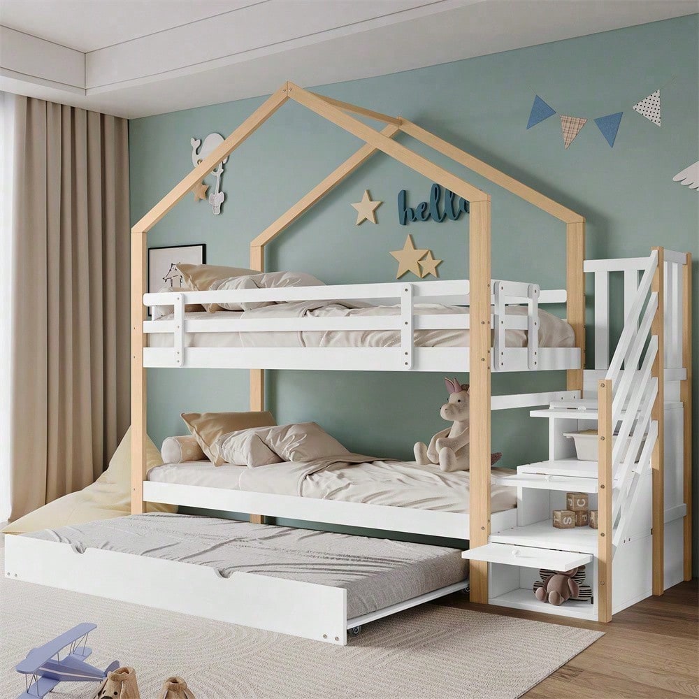 Etagenbett, Ausziehbares Baumhausbett, Schiebebett, Treppe mit 3 Schubladen, Kinderbett mit Absturzsicherung und Kinderbettgitter, mit Lattenroste, Natur+Weiß (90x200cm&90x190cm)