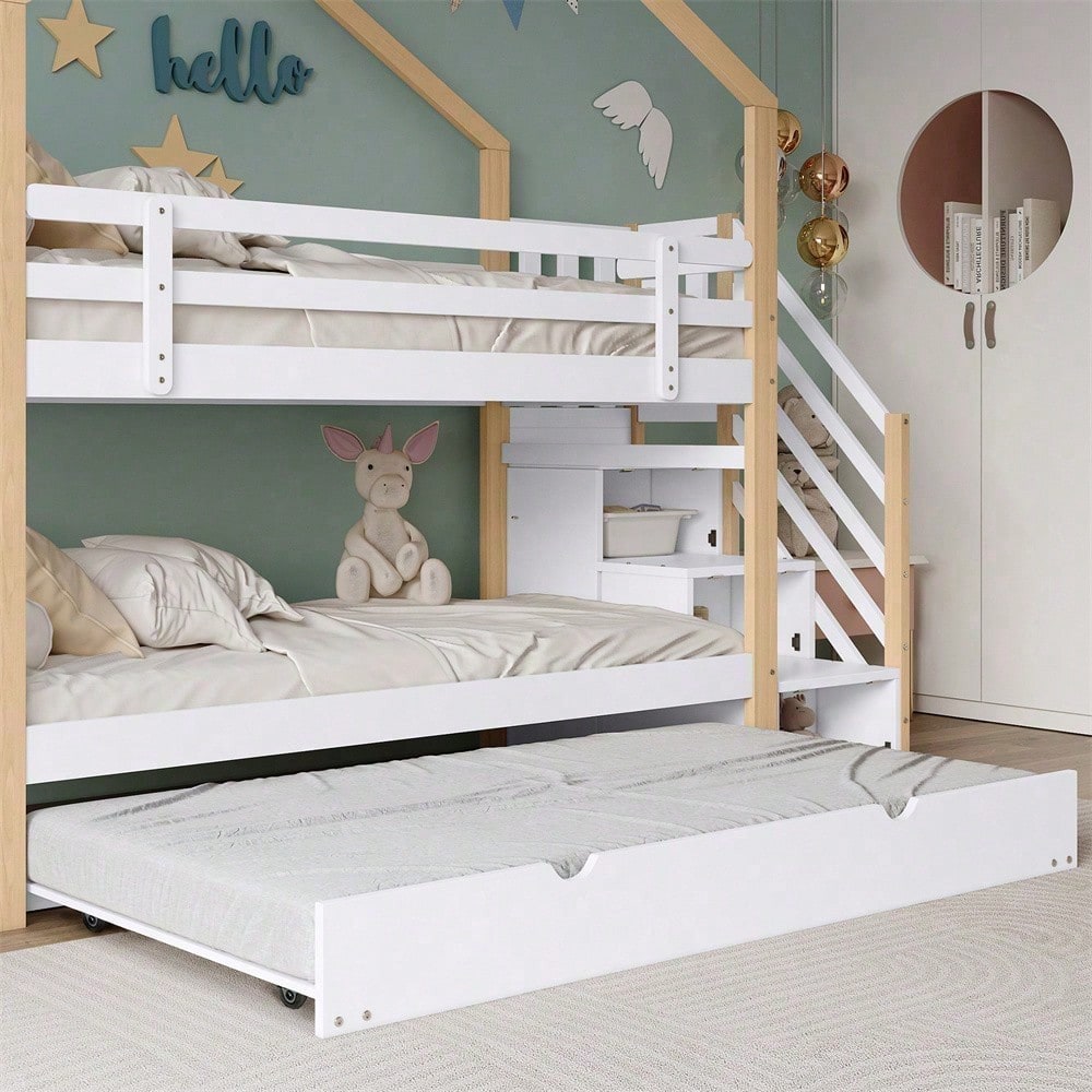 Etagenbett, Ausziehbares Baumhausbett, Schiebebett, Treppe mit 3 Schubladen, Kinderbett mit Absturzsicherung und Kinderbettgitter, mit Lattenroste, Natur+Weiß (90x200cm&90x190cm)