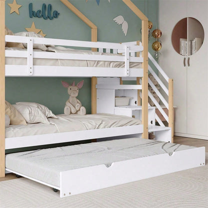 Etagenbett, Ausziehbares Baumhausbett, Schiebebett, Treppe mit 3 Schubladen, Kinderbett mit Absturzsicherung und Kinderbettgitter, mit Lattenroste, Natur+Weiß (90x200cm&90x190cm)