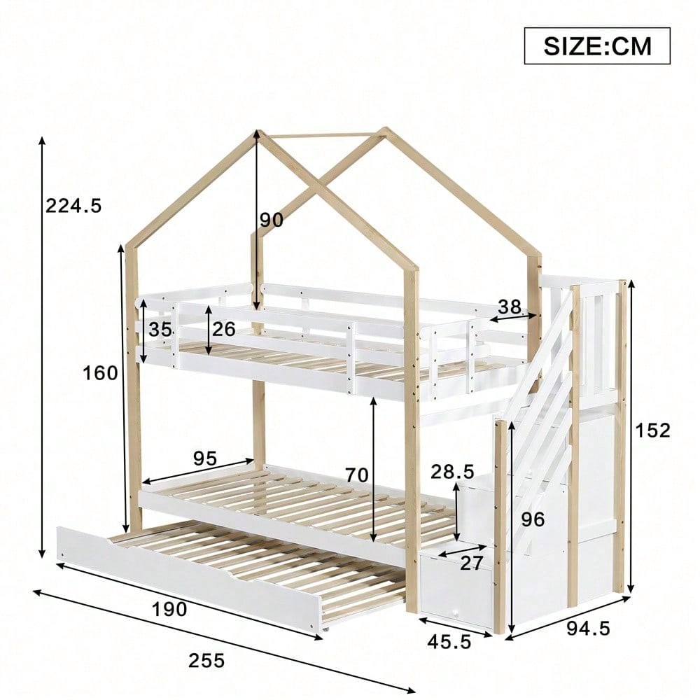 Etagenbett, Ausziehbares Baumhausbett, Schiebebett, Treppe mit 3 Schubladen, Kinderbett mit Absturzsicherung und Kinderbettgitter, mit Lattenroste, Natur+Weiß (90x200cm&90x190cm)